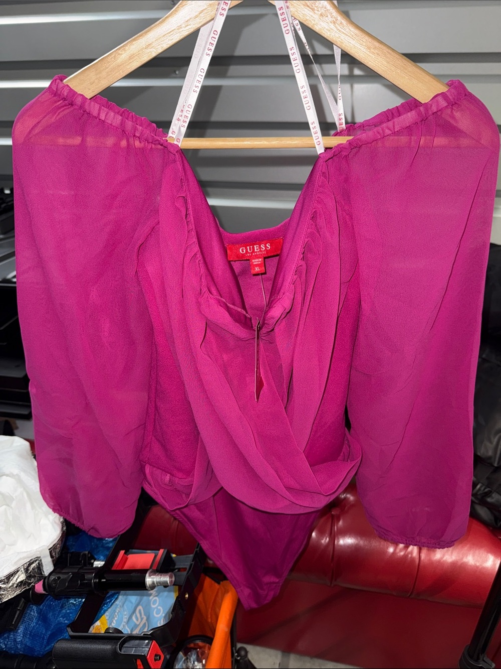 GUESS Women's Magenta Off-Shoulder Sheer Blouse